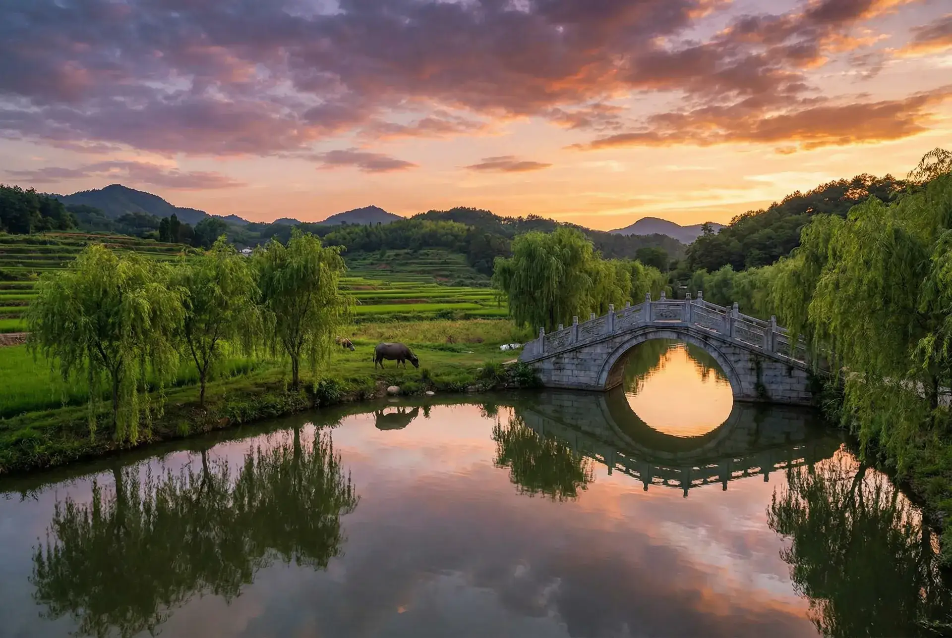 夕阳下的石拱桥与垂柳，水牛在河边吃草 - 海角社区在线官网 乡村美景